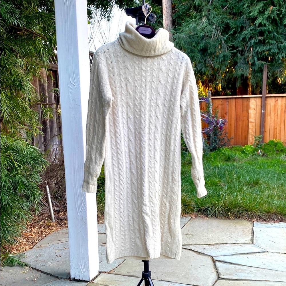 Hugo Buscati Milano Cable Knit Turtleneck Sweater Dress - Cream, XS
